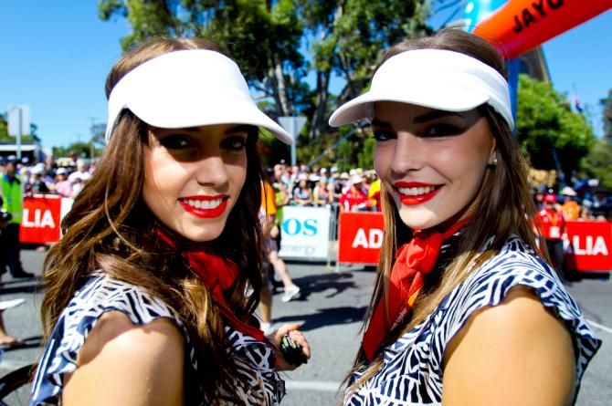 The podium hostesses strike a pose