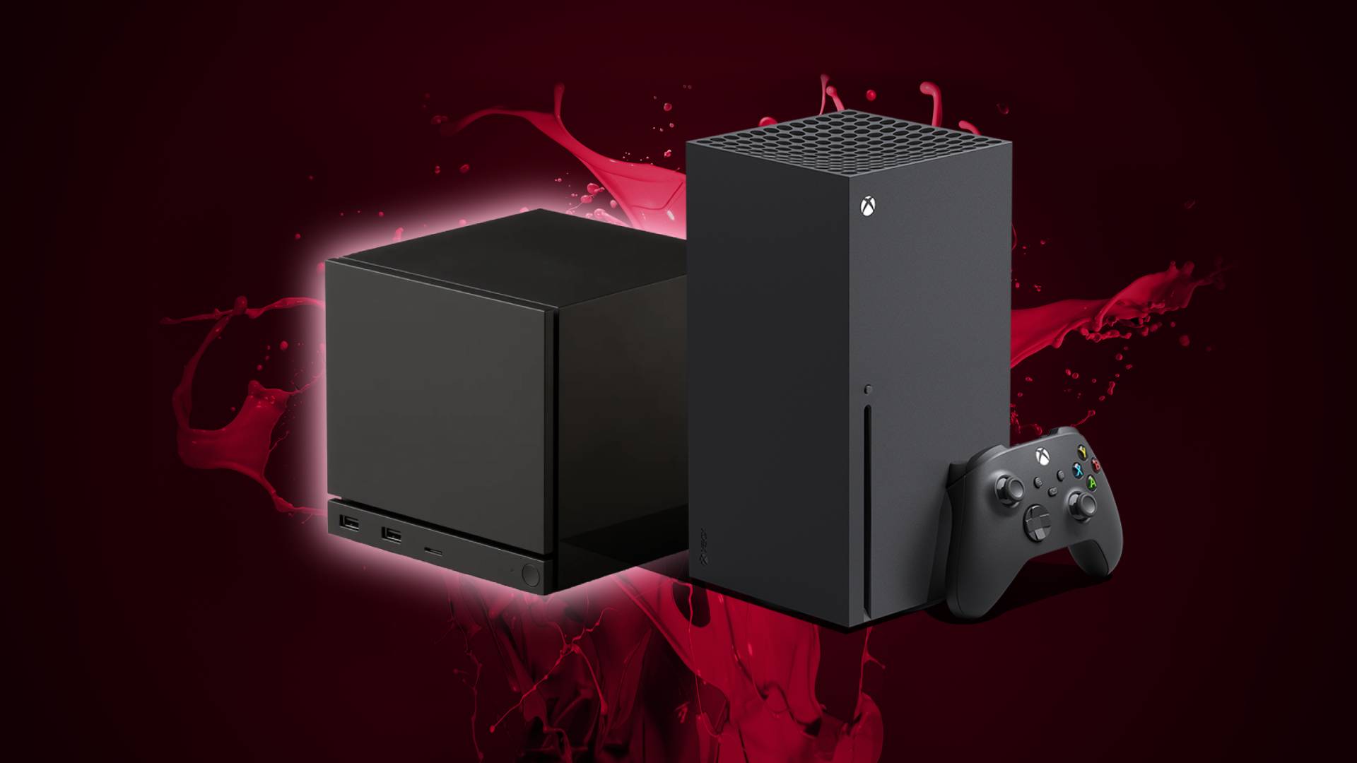 Steam Machine on left and Xbox Series X on right with AMD Radeon red liquid graphic in backdrop.