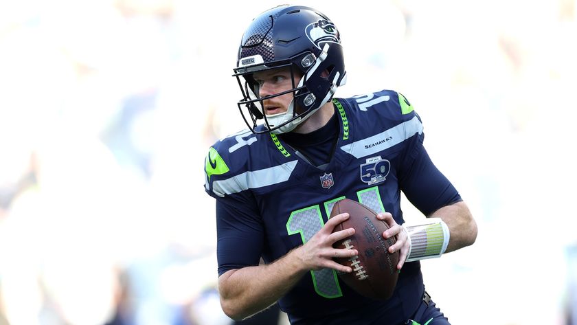 Sam Darnold of the Seattle Seahawks warms up prior to an NFL playoffs game.