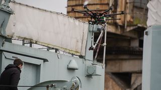 The drone was used to track the actors as they walked bow to stern along the ship.