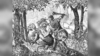 19th century illustration in ink of Hercules slaying a hydra