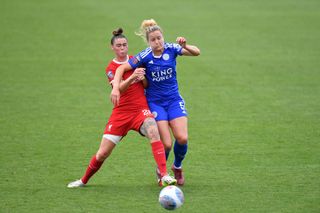 ash Flint of Liverpool Women with Sophie Howard of Leicester City women during the Leicester City Women v Liverpool Women Pre-Season Friendly at Belvoir Drive Training Ground on September 17, 2023 in Leicester, United Kingdom.
