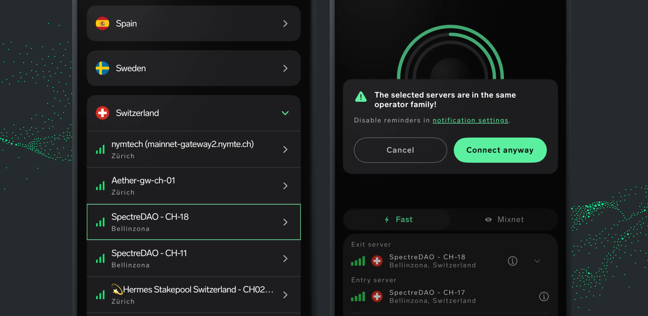 A composite image of the NymVPN Server Families page