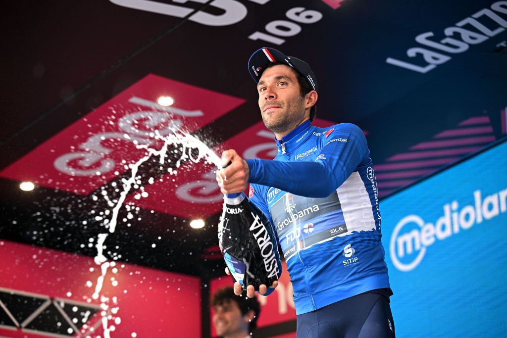 MELFI ITALY MAY 08 Thibaut Pinot of France and Team Groupama FDJ celebrates at podium as Blue Mountain Jersey winner during the 106th Giro dItalia 2023 Stage 3 a 213km stage from Vasto to Melfi 532m UCIWT on May 08 2023 in Melfi Italy Photo by Stuart FranklinGetty Images