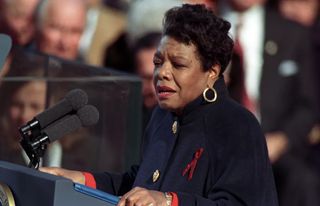 Angelou reciting her poem "On the Pulse of Morning" at Bill Clinton's inauguration in 1993.