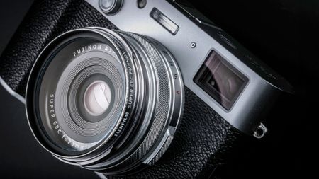 Close-up of lens of the Fujifilm X100VI camera