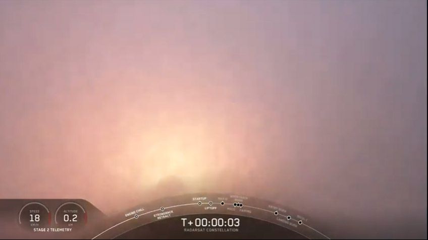 A SpaceX Falcon 9 rocket carrying three Radarsat satellites for Canada lifts off in thick fog at Vandenberg Air Force Base in California on June 12, 2019.