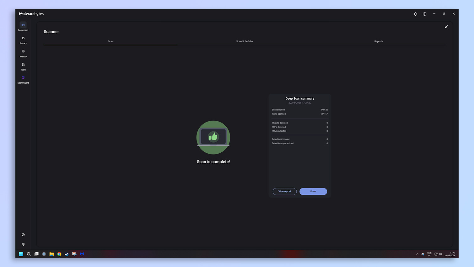 Malwarebytes antivirus software screenshot