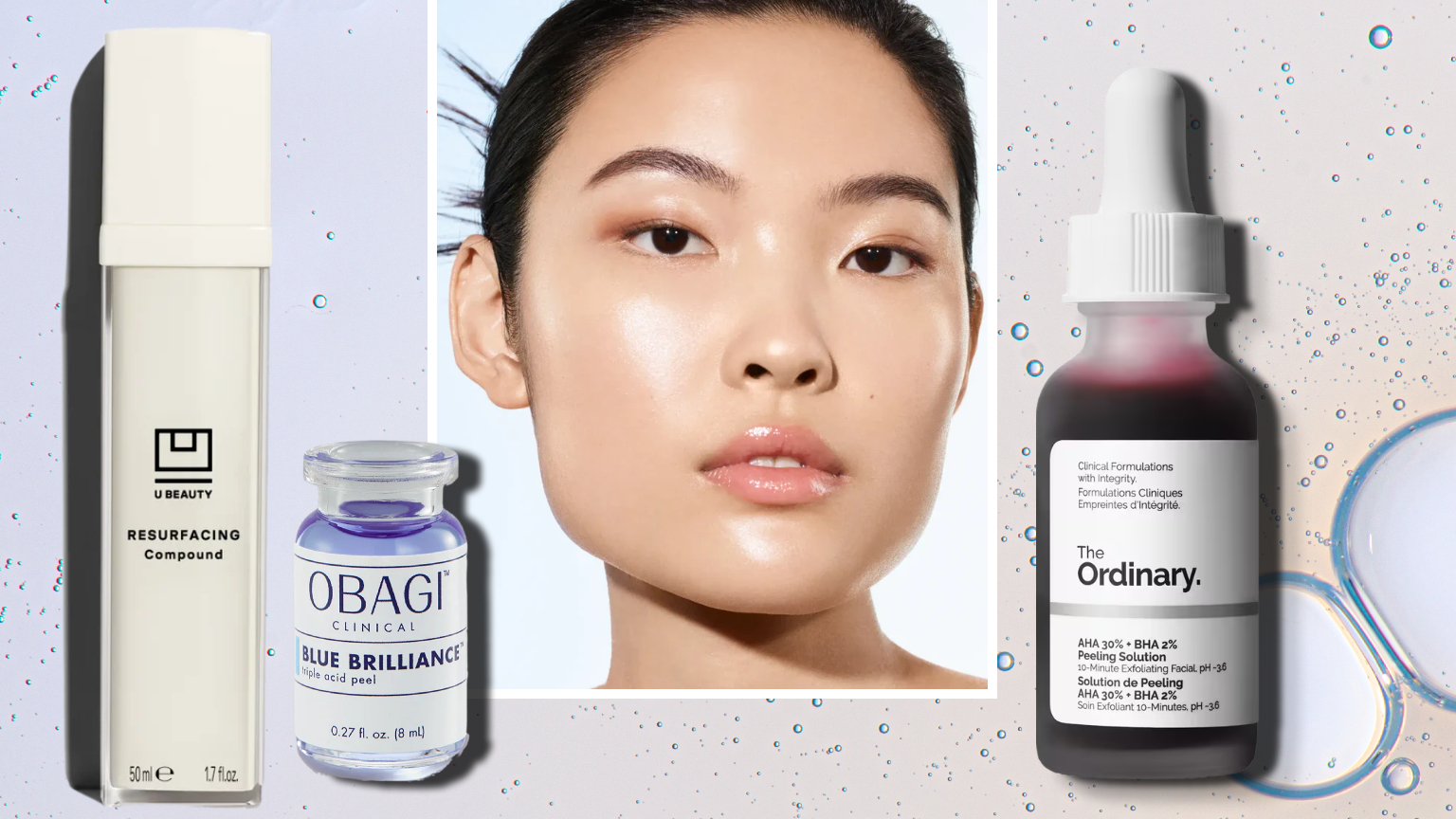 girl with glowing skin after a chemical peel and a compilation of U Beauty, Obagi, and the Ordinary chemical peels