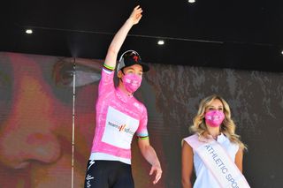 MORTEGLIANO ITALY JULY 09 Anna Van Der Breggen of Netherlands and Team SD Worx Pink Leader Jersey celebrates at podium during the 32nd Giro dItalia Internazionale Femminile 2021 Stage 8 a 1294km stage from San Vendemiano to Mortegliano Flowers GiroDonne UCIWWT on July 09 2021 in Mortegliano Italy Photo by Luc ClaessenGetty Images