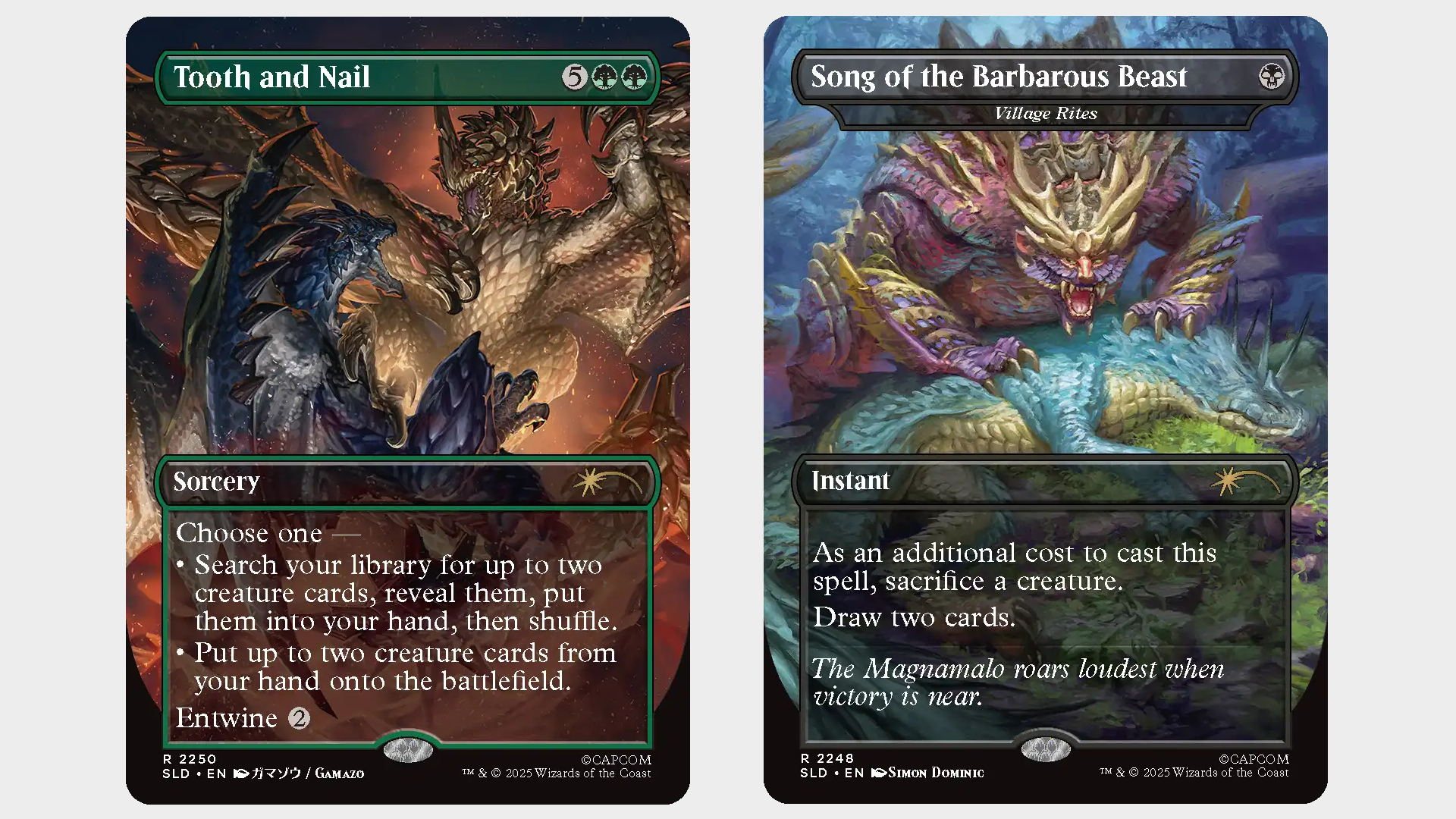 Tooth and Nail and Song of the Barborous Beast MTG cards against a plain background