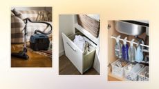 composite of three cleaning tools, vacuum, laundry basket and cleaning supplies