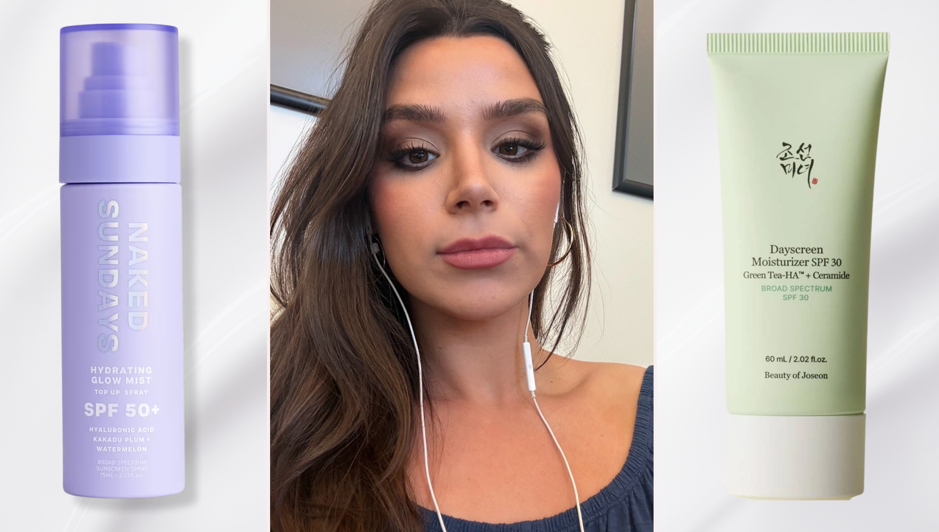 two bottles of face sunscreen, one purple and one green, flanking a tan brunette woman wearing cord headphones taking a selfie on a silver background
