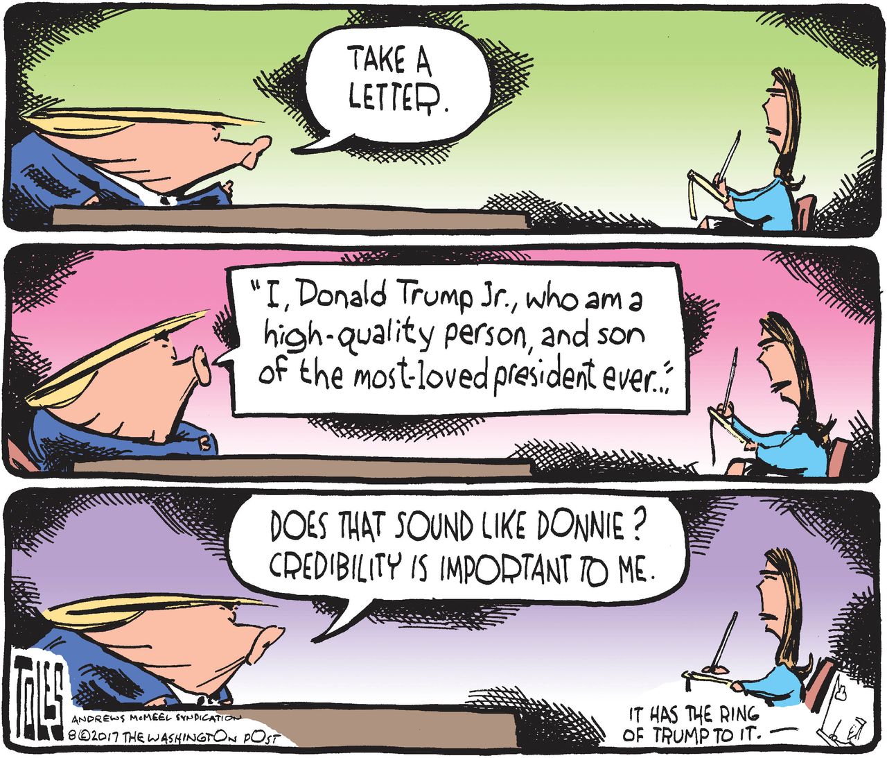 Political cartoon U.S. Trump Jr. statement Russia collusion credibility lies