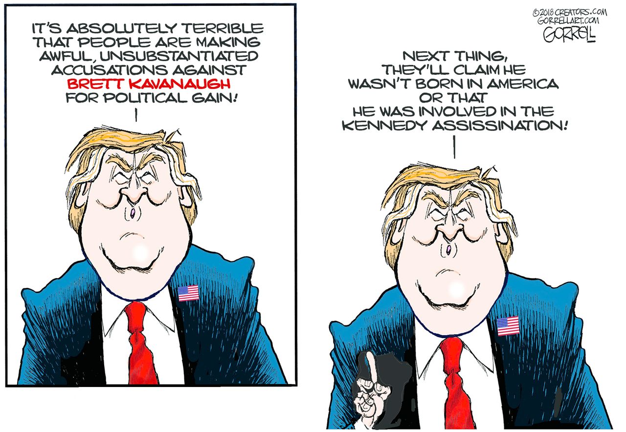 Political cartoon U.S. Trump hypocrite Brett Kavanaugh sexual assault allegations Barack Obama birther conspiracy theory