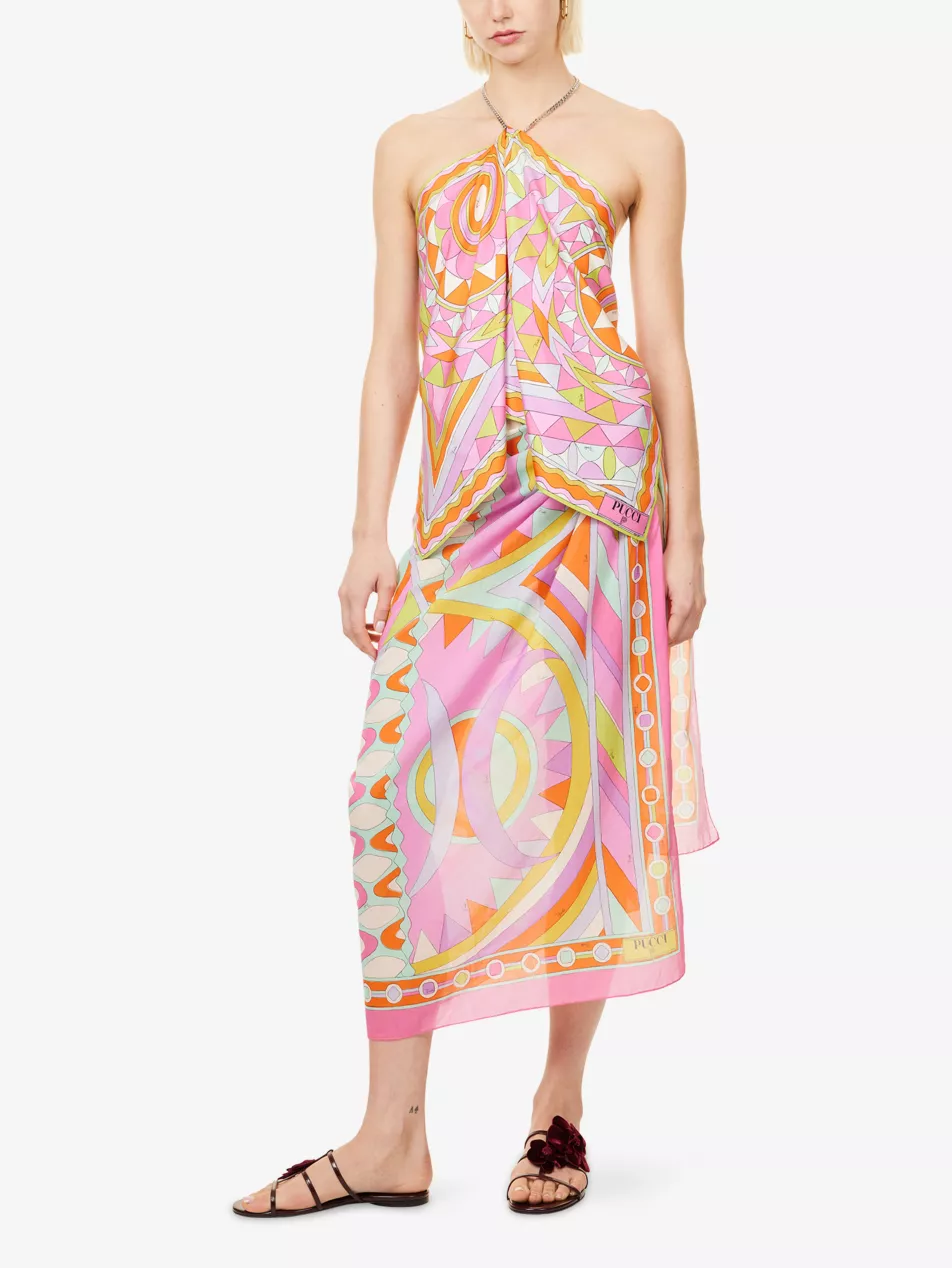 Printed Chain Halter-Neck Silk Top
