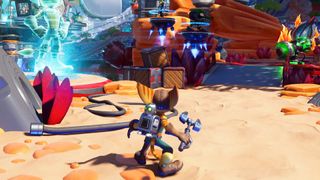 A small character holding a wrench with a robot on its back stands in a bright arena