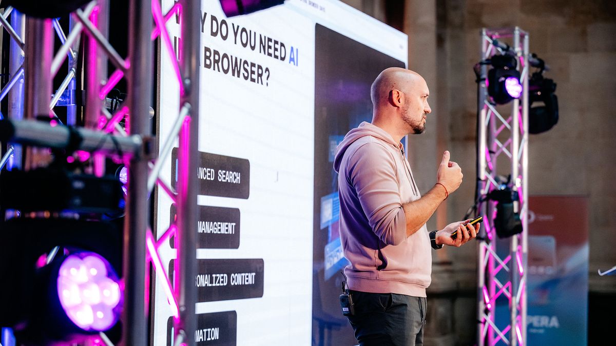 A photo of Krystian Kolondra, EVP Desktop &amp; Gaming at Opera, talking on stage during the Opera Browser Days held in Bristol in September 27, 2024.