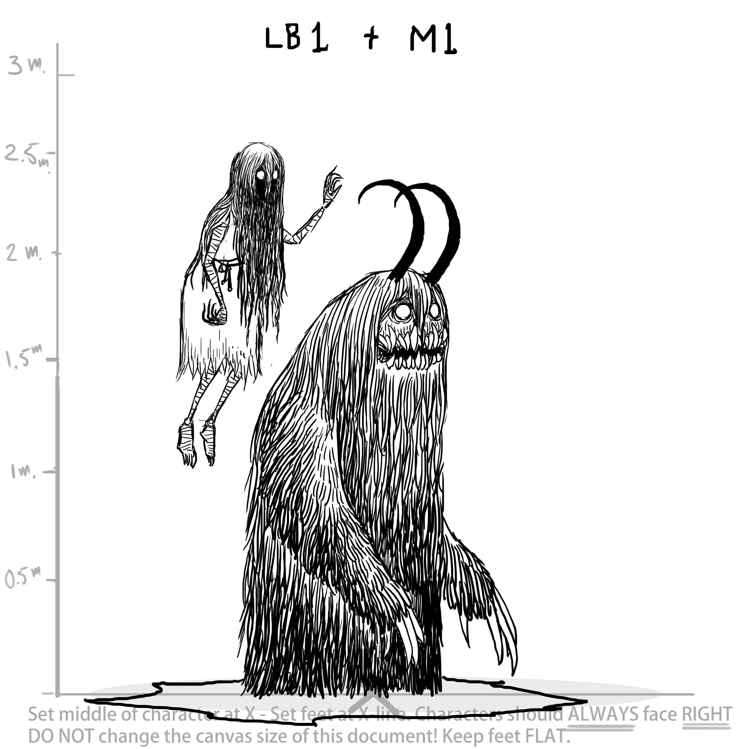 Sketches and line art of monsters for a video game called Flask