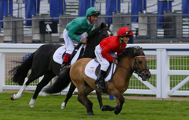 Frankie Dettori takes his son Rocco to new heights at Ascot Racecourse ahead of them both riding at Olympia,The London International Horse Show. Frankie is looking to retain his title in the Markel Champions Challenge in aid of the Injured Jockeys Fund, whilst Rocco will be making his debut in the Shetland Pony Grand National in aid of The Bob Champion Cancer Trust. Ascot 31/7/16. &amp;copy;Cranhamphoto.com