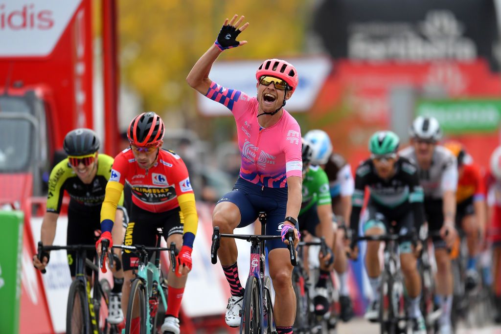 CIUDADRODRIGO SPAIN NOVEMBER 06 Arrival Dion Smith of New Zealand and Team Mitchelton Scott Primoz Roglic of Slovenia and Team Jumbo Visma Red Leader Jersey Magnus Cort Nielsen of Denmark and Team EF Pro Cycling Celebration during the 75th Tour of Spain 2020 Stage 16 a 162km stage from Salamanca to Ciudad Rodrigo lavuelta LaVuelta20 La Vuelta on November 06 2020 in Ciudad Rodrigo Spain Photo by Justin SetterfieldGetty Images