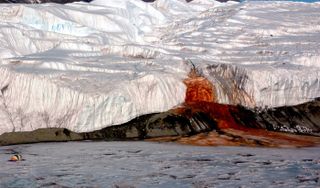 A blood-red "waterfall" spills off Taylor Glacier in the McMurdo Dry Valleys in Antarctica.