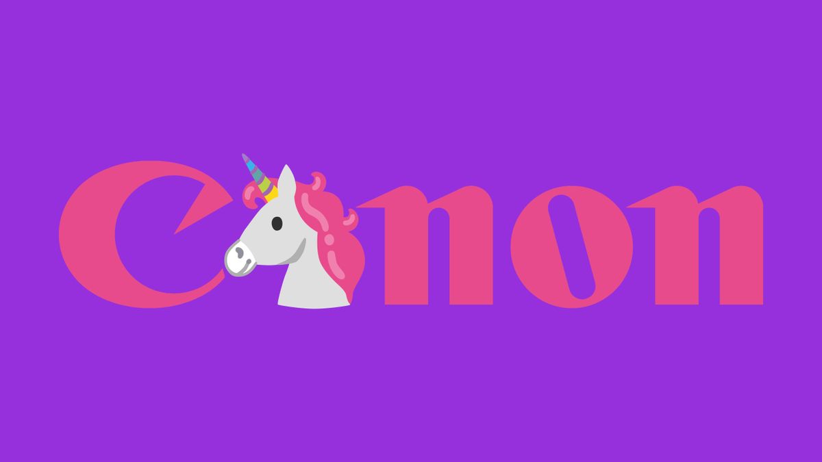 Canon logo, in pink, with a unicorn replacing the letter &quot;a&quot;, against a purple background