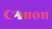 Canon logo, in pink, with a unicorn replacing the letter "a", against a purple background