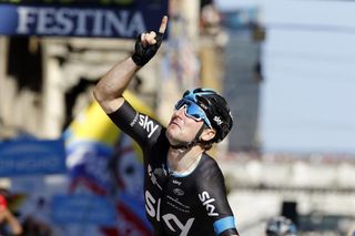 Elia Viviani celebrates as he wins the 2nd stage Albenga-Genova of the 98th Giro