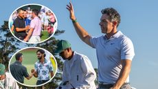 Rory McIlroy saluted the crowd at The Masters and insets of Xander Schauffele and Akshay Bhatia shaking his hand