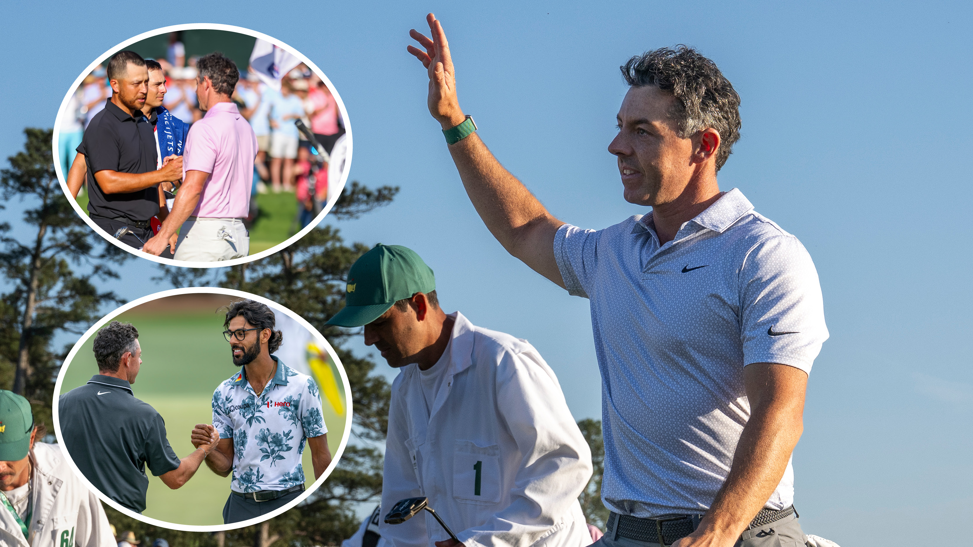 Rory McIlroy saluted the crowd at The Masters and insets of Xander Schauffele and Akshay Bhatia shaking his hand