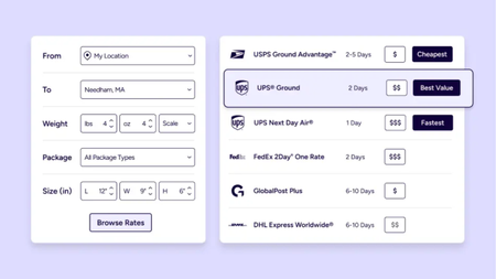 Example of rate comparison for shipping via ShipStation 