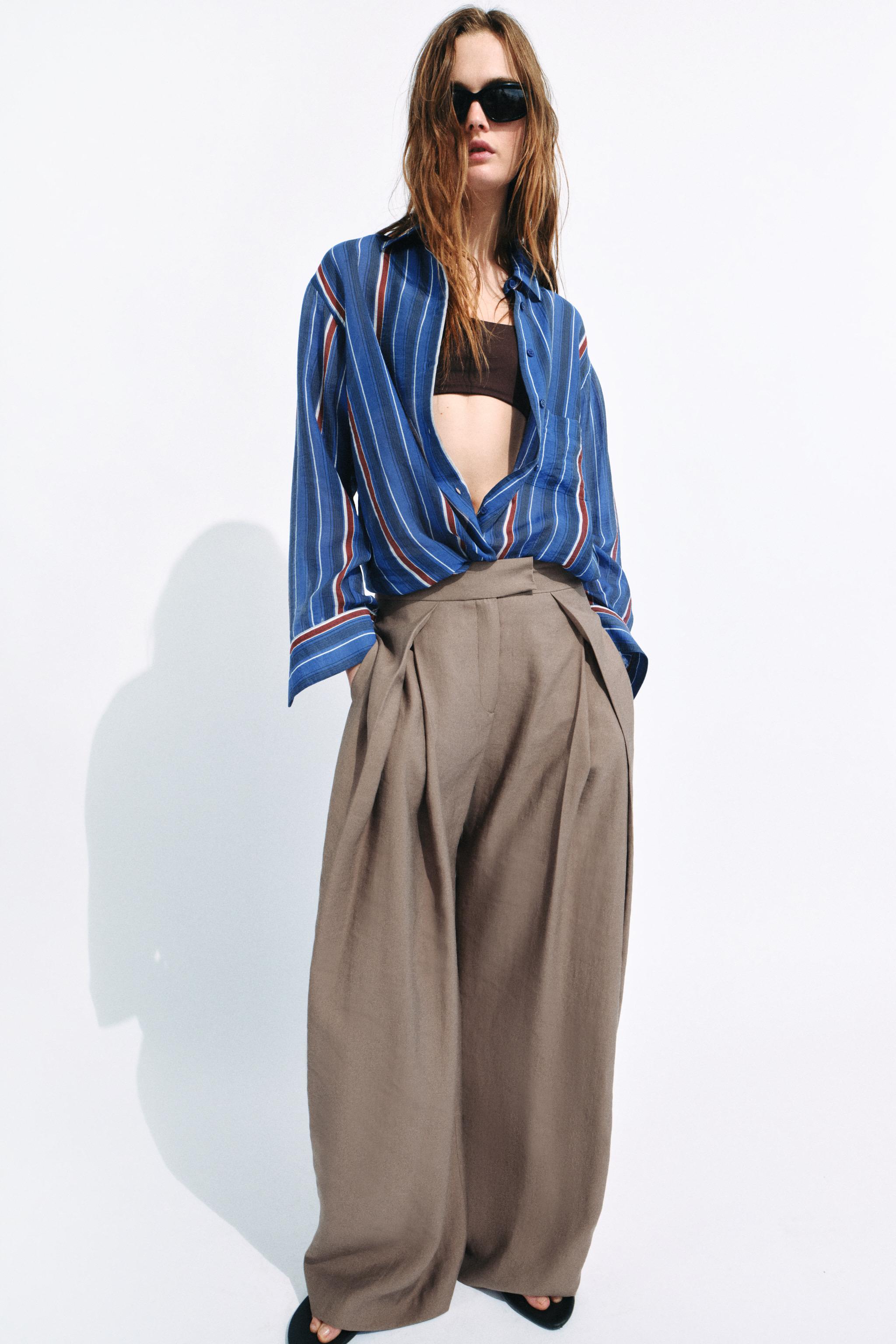 Zw Collection Pleated Wide Leg Pants - Brown / Taupe - Xs