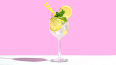 Hugo spritz in glass with ice, lemon and mint on a pink background.