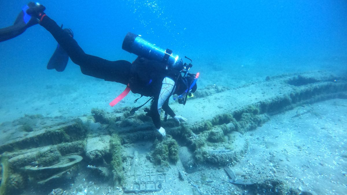 We see a diver underwater who is examining the remains of a plane on the lake floor.