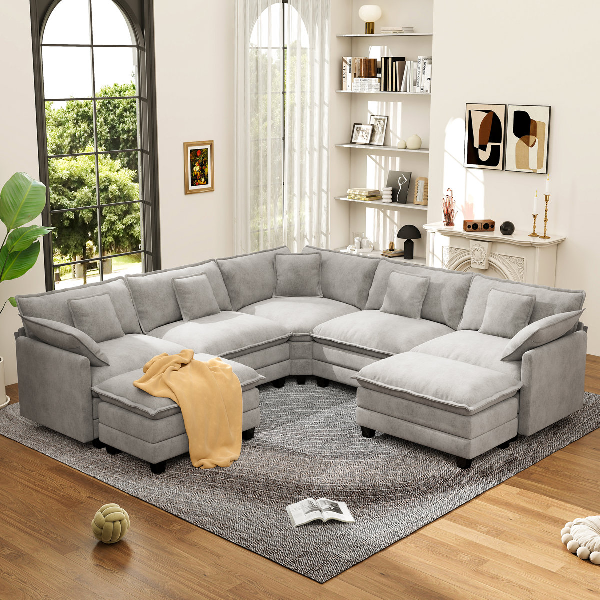 Ebern Designs George 111.5" Modern 7 Seat Chenille U Shaped Modular Sectional Sofa With Two Ottomans &amp;amp; Reviews | Wayfair