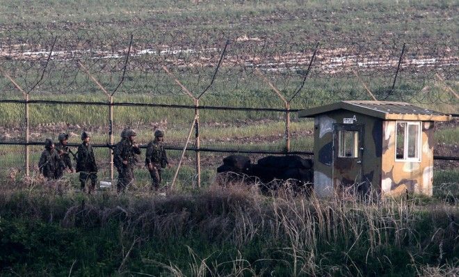 South Korean Army soldiers patrol 