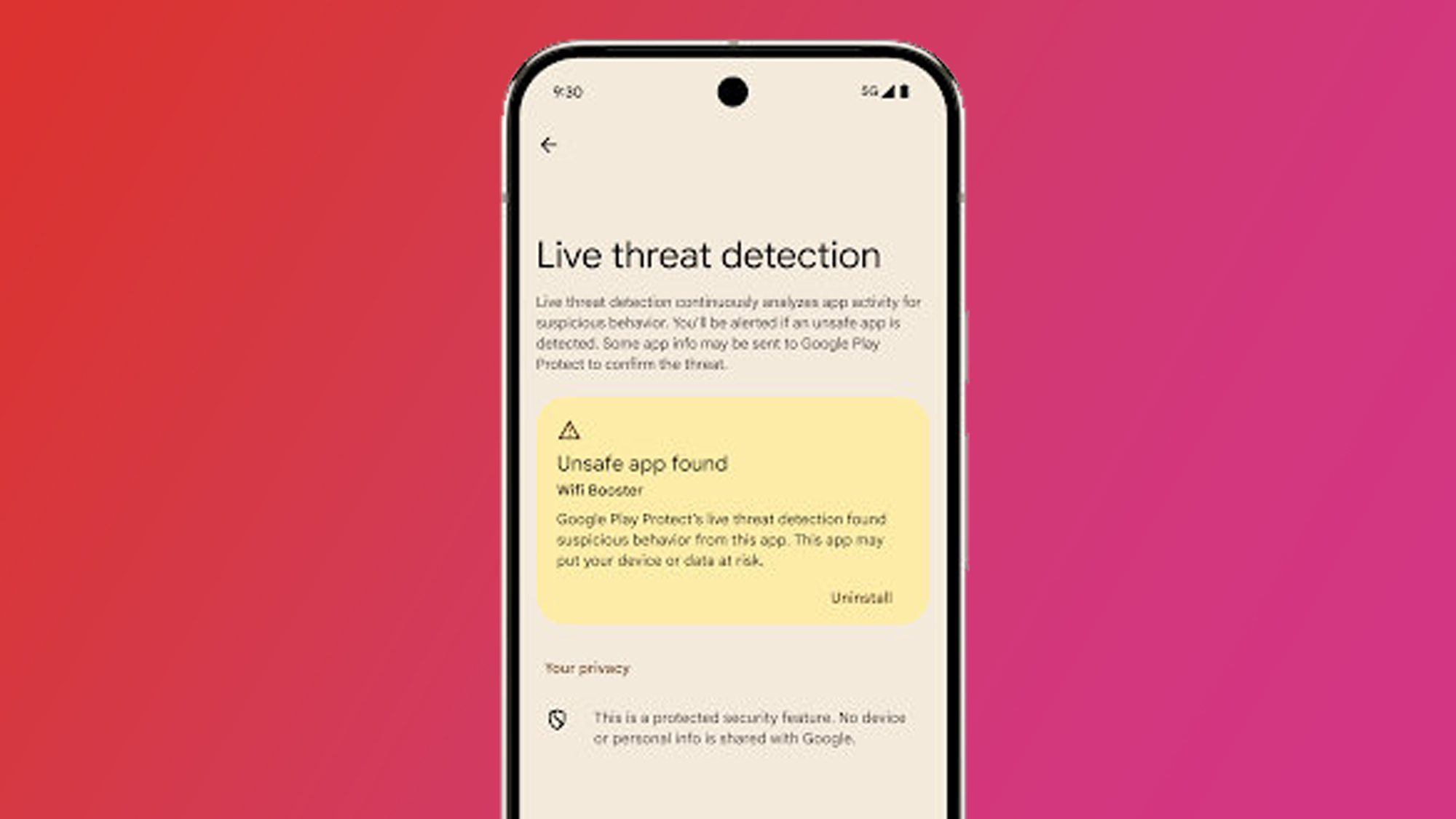 An Android phone on a pink and red background showing Android 16