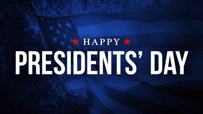 blue backdrop with happy presidents' day written in white lettering