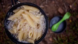 Boiling pasta on a camping stove