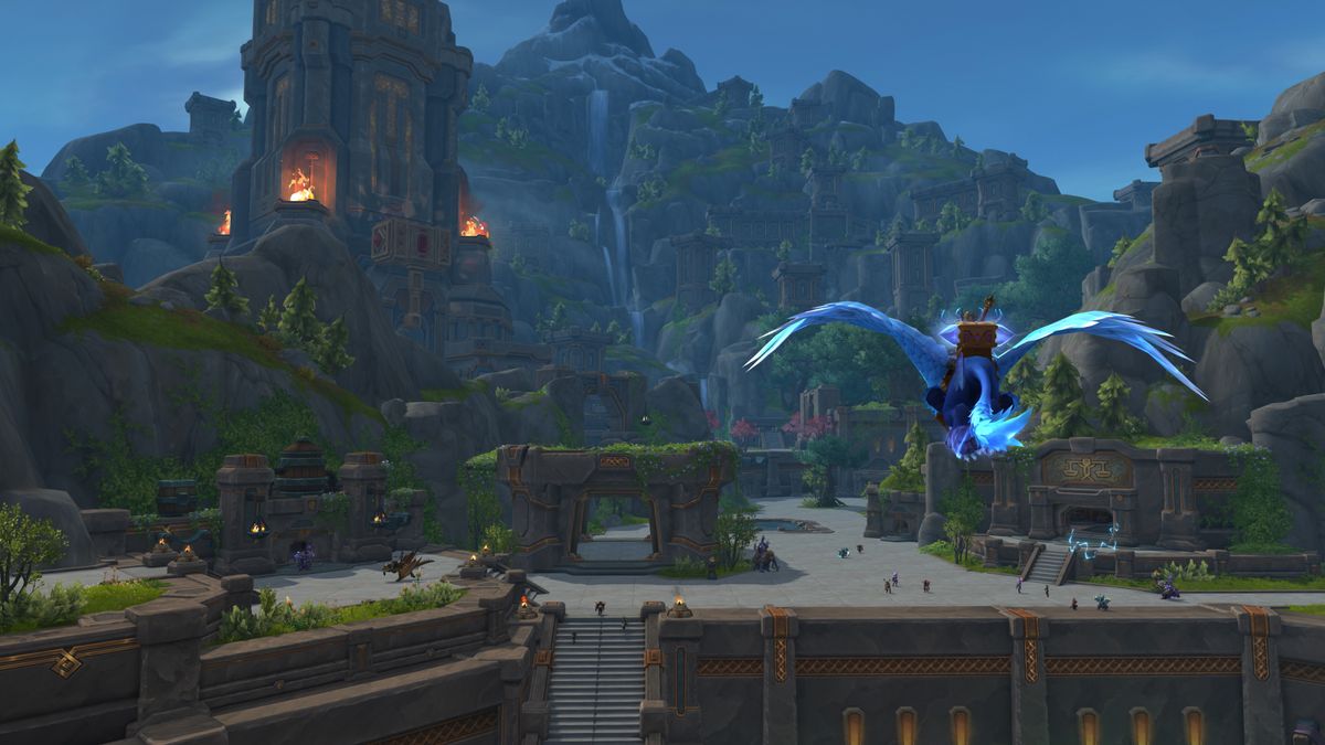 WoW: The War Within Skyriding glyph locations - a character is riding a flying mount towards a large tower