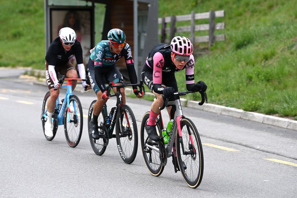 BRUNICO ITALY APRIL 21 Georg Steinhauser of Germany and Team EF EducationEasypost leads the breakaway during the 46th Tour of the Alps 2023 Stage 5 a 1445km stage from Cavalese to Brunico on April 21 2023 in Brunico Italy Photo by Tim de WaeleGetty Images