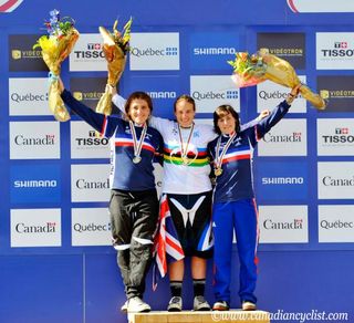 Elite women's downhill world championship podium: Sabrina Jonnier (France), Tracy Moseley (Great Britain), Emmeline Ragot (France)