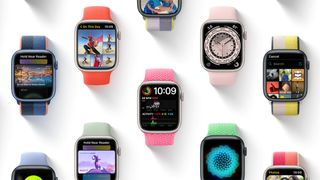 A photo of many Apple Watches on a white background