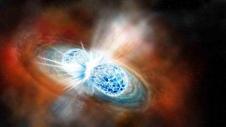 An illustration of two neutron stars colliding and merging. 
