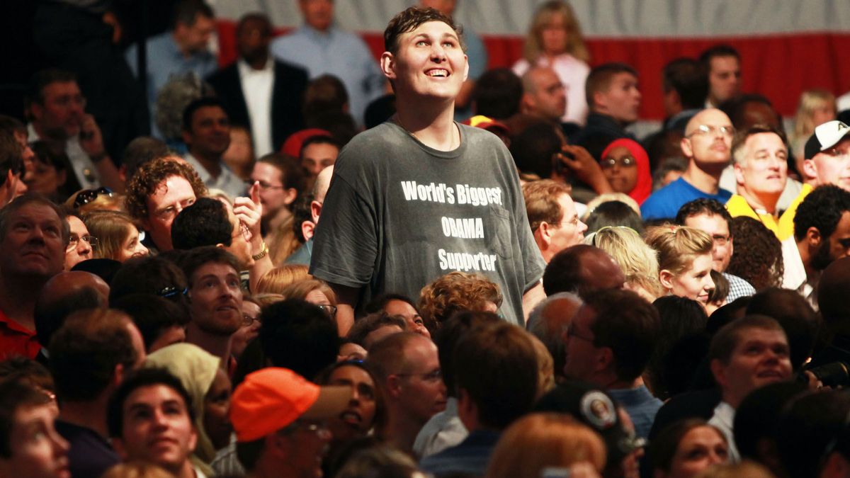 Igor Vovkovinskiy, 27, waits for President Barack Obama to speak on health care during a rally at the Target Center on Sept. 12, 2009 in Minneapolis, Minnesota.