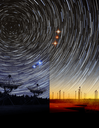 Astronomers reported how the Westerbork radio telescope (left) detected a periodic, short Fast Radio Burst in the blue, high-frequency radio sky, while the LOFAR telescope (right) detected a red, low-frequency burst from the same spot several days later.