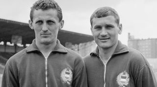 Two famous Hungarian soccer players (L-R) Florian Albert and Lajos Tichy. (Photo by Universal/Corbis/VCG via Getty Images)