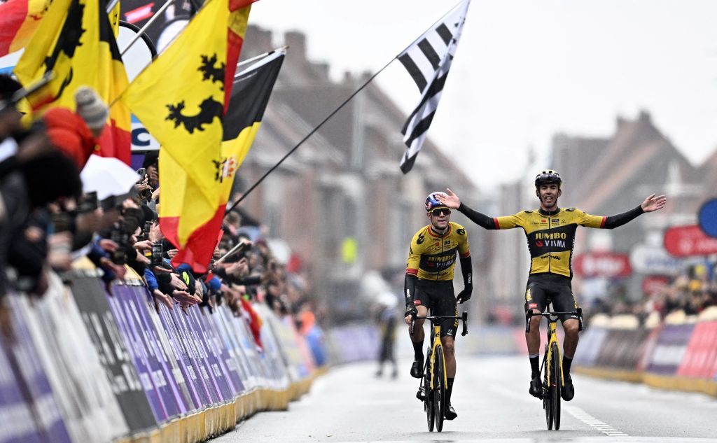 Belgian Wout van Aert of Team JumboVisma and French Christophe Laporte of JumboVisma celebrate after winning the mens GentWevelgem In Flanders Fields cycling race 2609 km from Ieper to Wevelgem Sunday 26 March 2023 BELGA PHOTO JASPER JACOBS Photo by JASPER JACOBS BELGA MAG Belga via AFP Photo by JASPER JACOBSBELGA MAGAFP via Getty Images