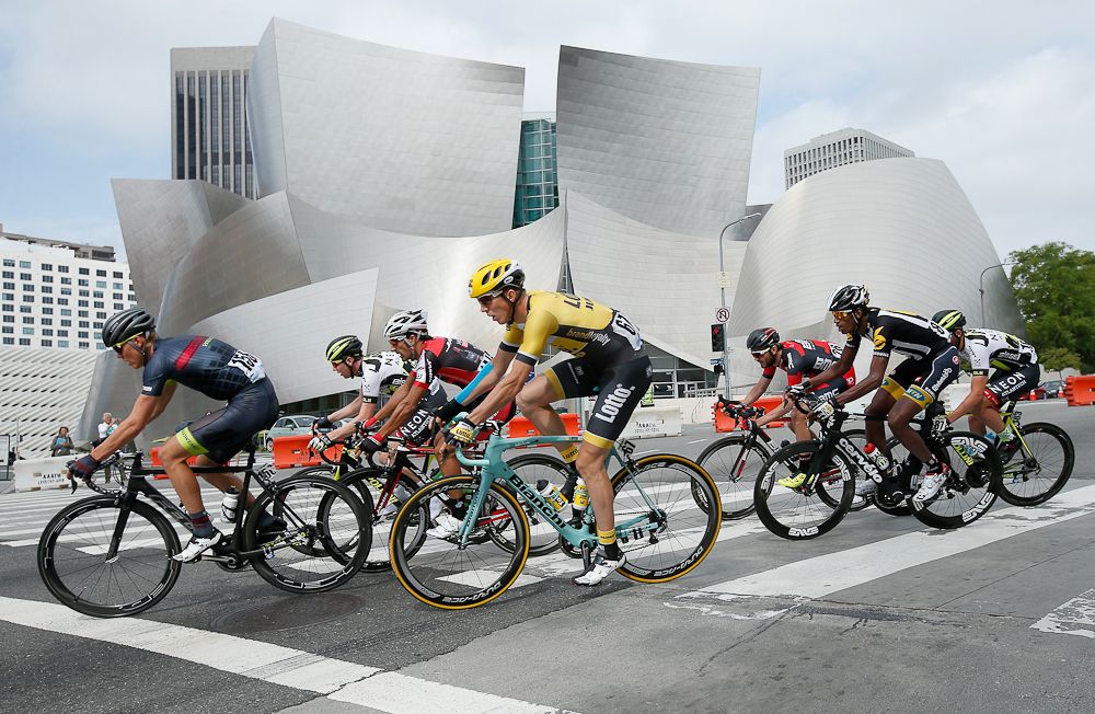The peloton passes the Walt Disney Concert Hall during stage eight of the 2015 Amgen Tour of California from Los Angeles to Pasadena